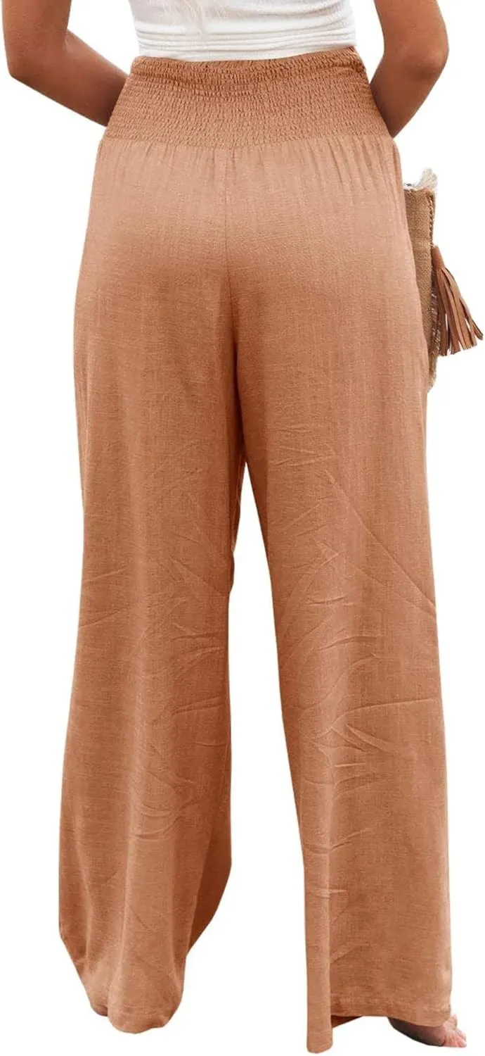 Cotton Linen Palazzo Pants for Women Summer High Waisted Wide Leg Long Casual Baggy Pant Loose Trousers with Pockets