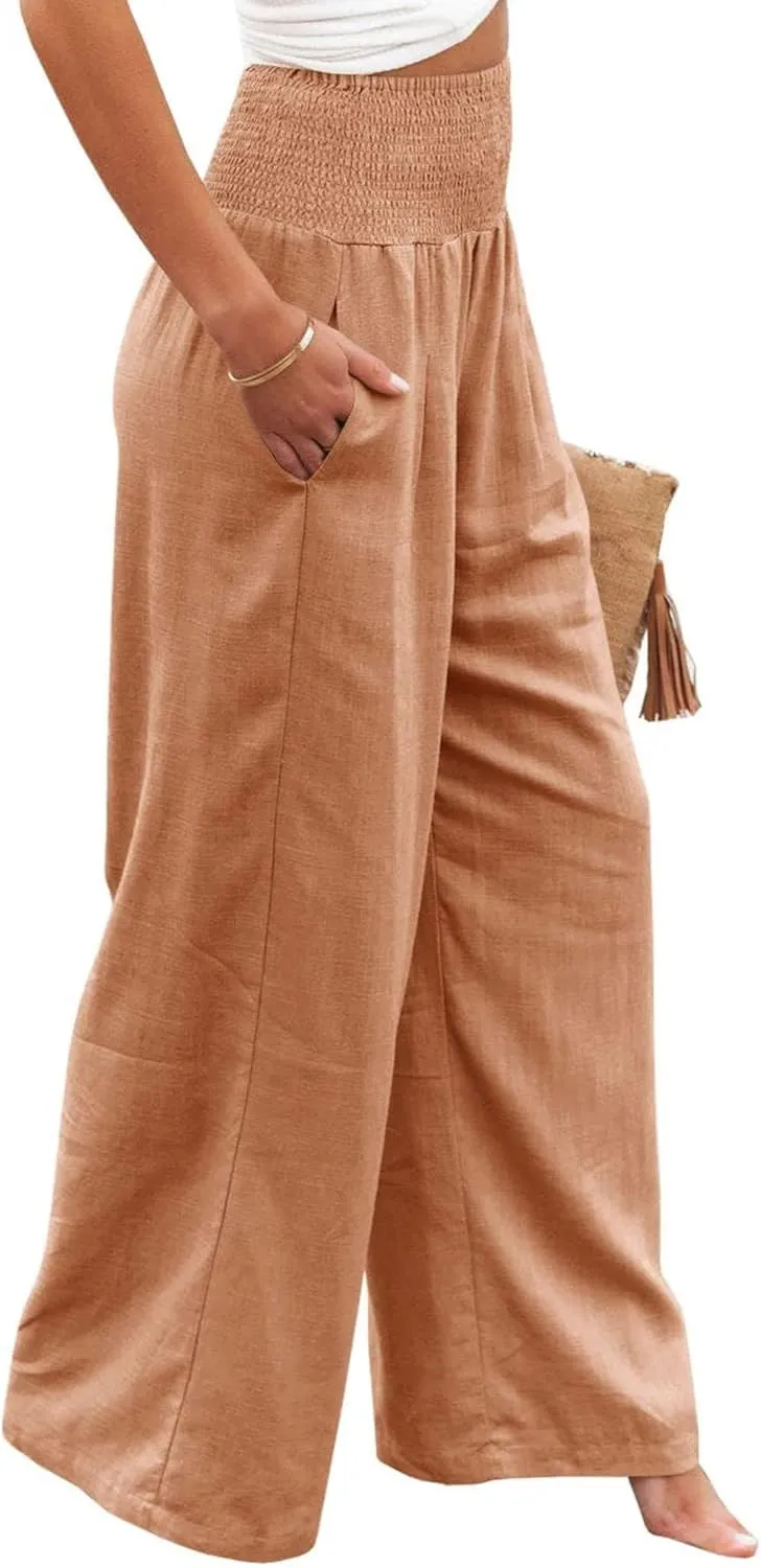 Cotton Linen Palazzo Pants for Women Summer High Waisted Wide Leg Long Casual Baggy Pant Loose Trousers with Pockets