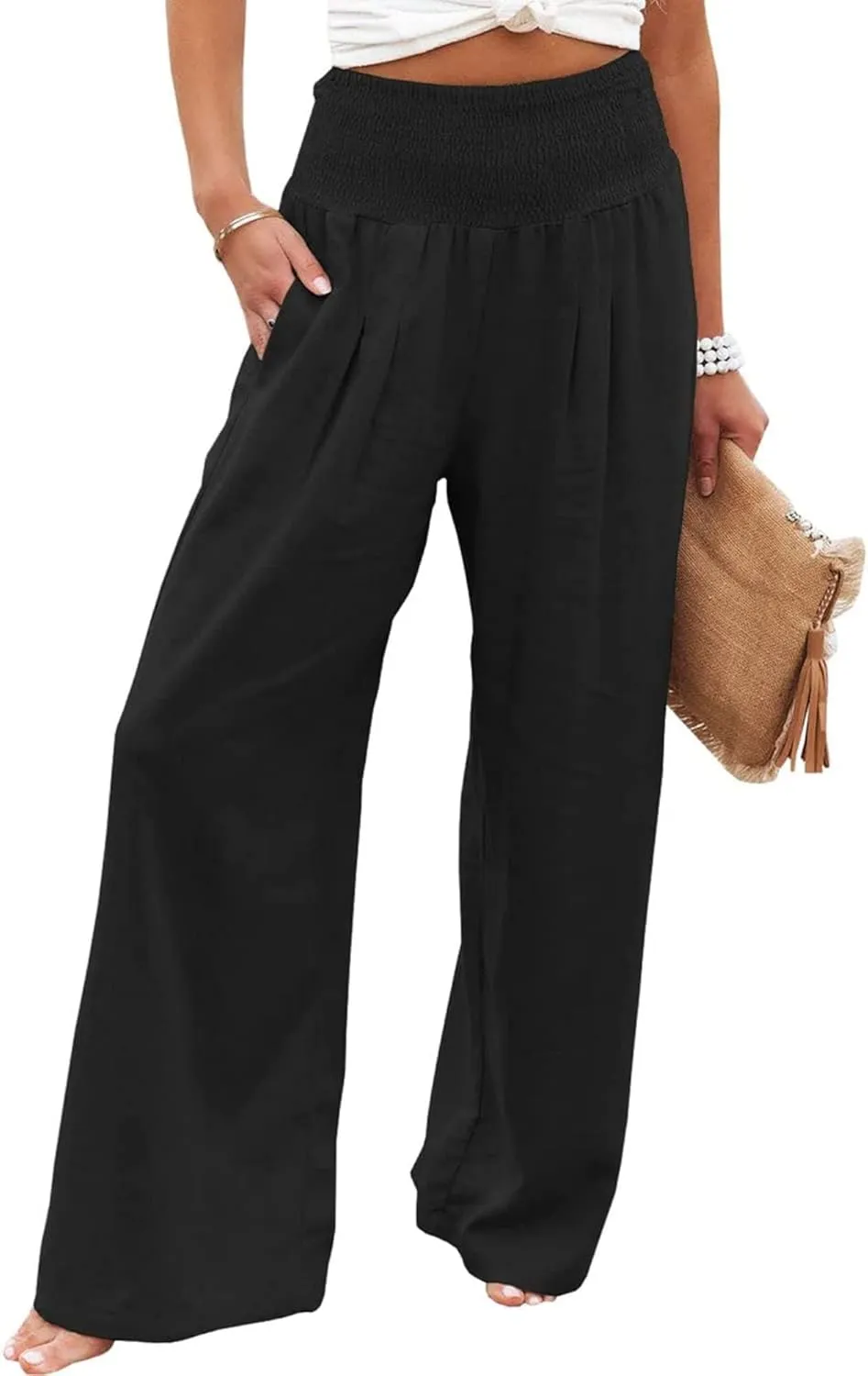 Cotton Linen Palazzo Pants for Women Summer High Waisted Wide Leg Long Casual Baggy Pant Loose Trousers with Pockets