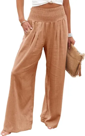 Cotton Linen Palazzo Pants for Women Summer High Waisted Wide Leg Long Casual Baggy Pant Loose Trousers with Pockets