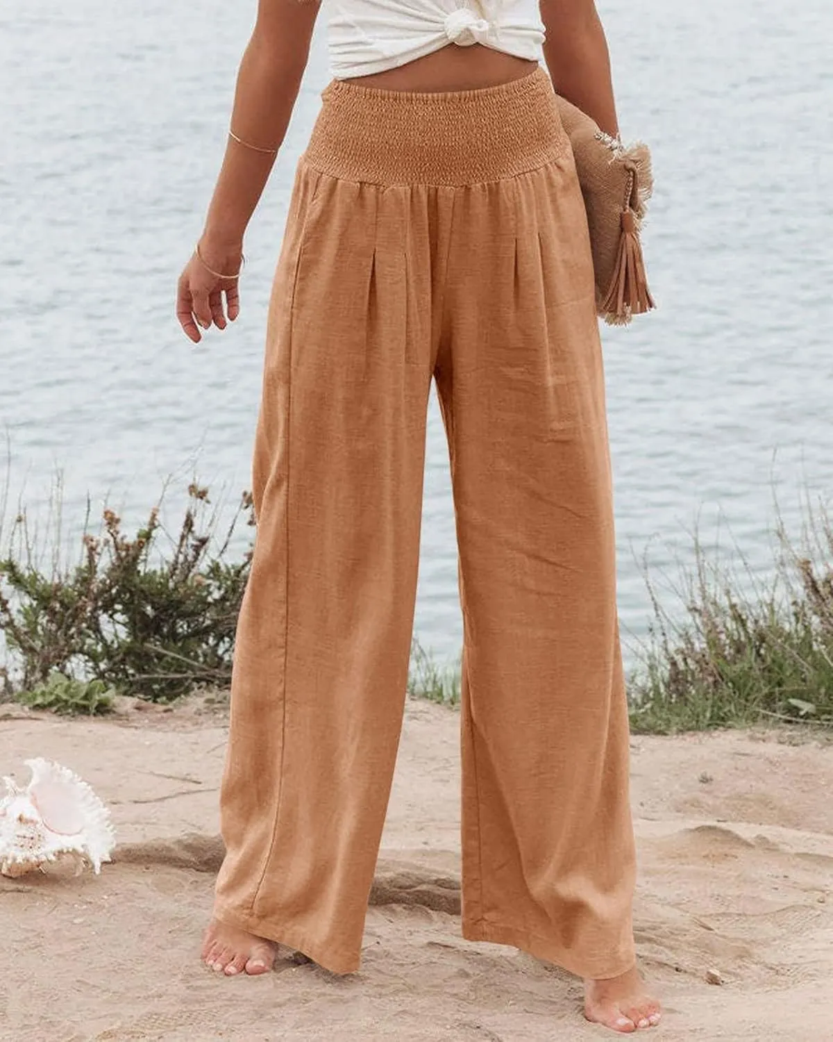 Cotton Linen Palazzo Pants for Women Summer High Waisted Wide Leg Long Casual Baggy Pant Loose Trousers with Pockets