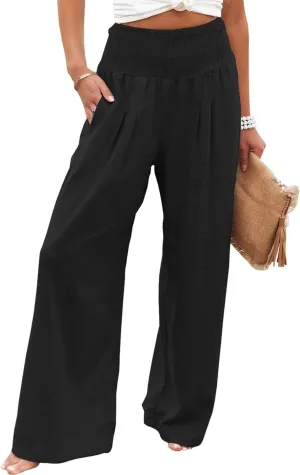 Cotton Linen Palazzo Pants for Women Summer High Waisted Wide Leg Long Casual Baggy Pant Loose Trousers with Pockets