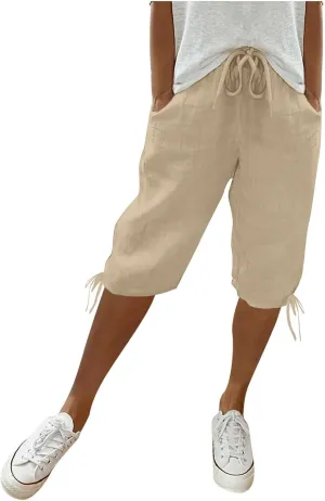 Cotton Linen Shorts for Women Loose Fit Knee Length Bermuda Shorts Casual Wide Leg Elastic Waist Workout Shorts