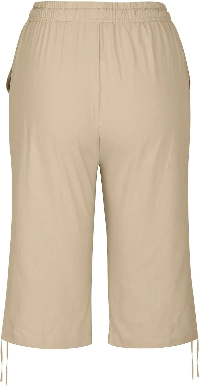 Cotton Linen Shorts for Women Loose Fit Knee Length Bermuda Shorts Casual Wide Leg Elastic Waist Workout Shorts