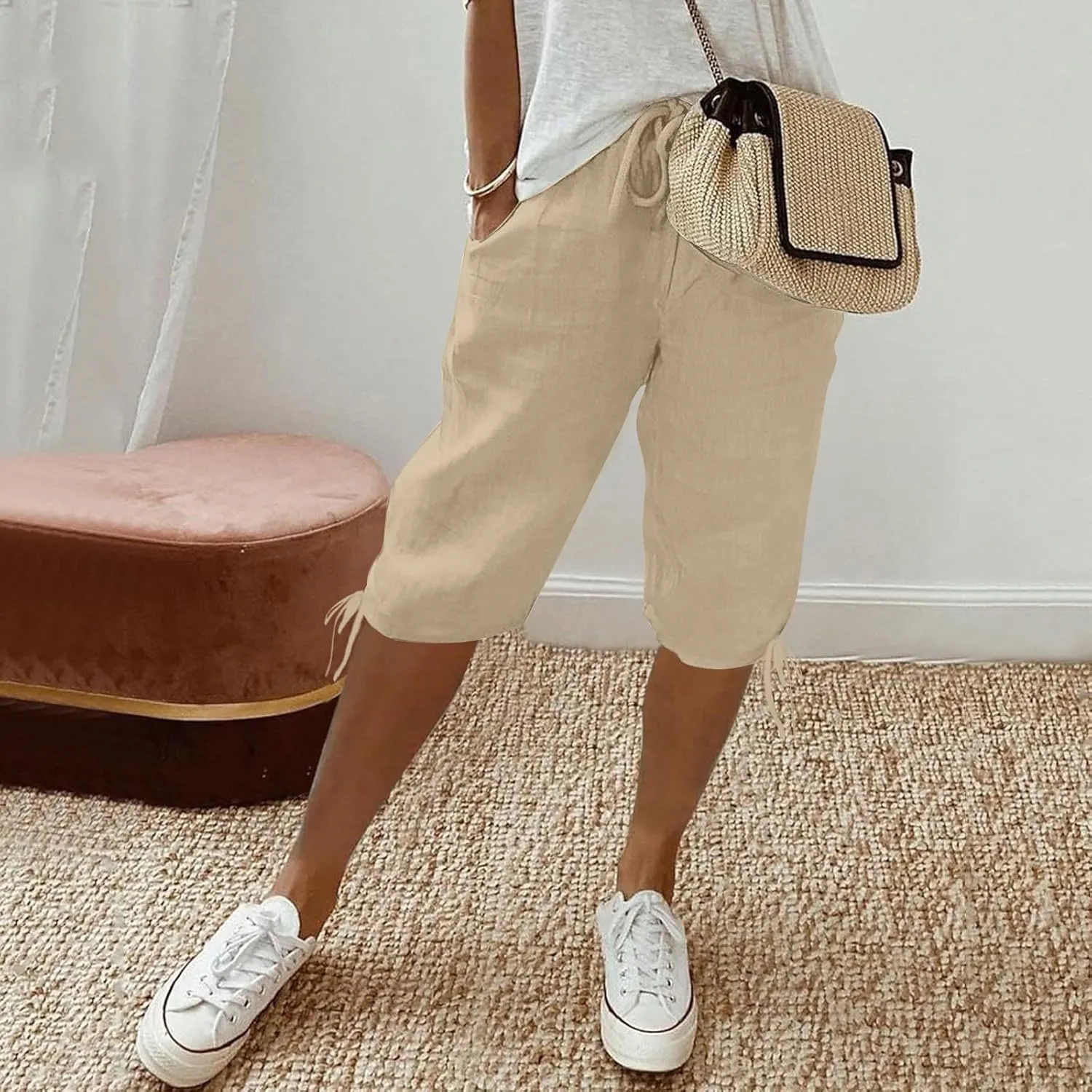 Cotton Linen Shorts for Women Loose Fit Knee Length Bermuda Shorts Casual Wide Leg Elastic Waist Workout Shorts