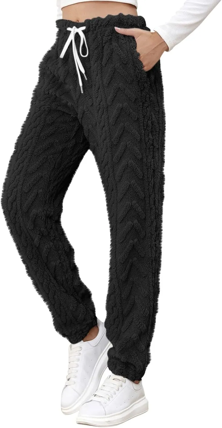 CRNTCEM Womens Coral Fleece Pajamas Pants Straight Lightweight Warm Pjs Sleepwear Cinch Fuzzy Fleece Sherpa Thermal Bottoms