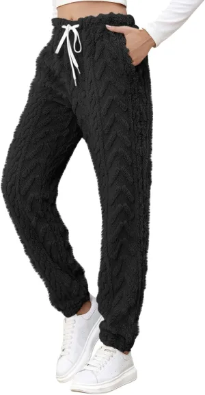 CRNTCEM Womens Coral Fleece Pajamas Pants Straight Lightweight Warm Pjs Sleepwear Cinch Fuzzy Fleece Sherpa Thermal Bottoms