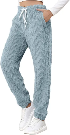 CRNTCEM Womens Coral Fleece Pajamas Pants Straight Lightweight Warm Pjs Sleepwear Cinch Fuzzy Fleece Sherpa Thermal Bottoms