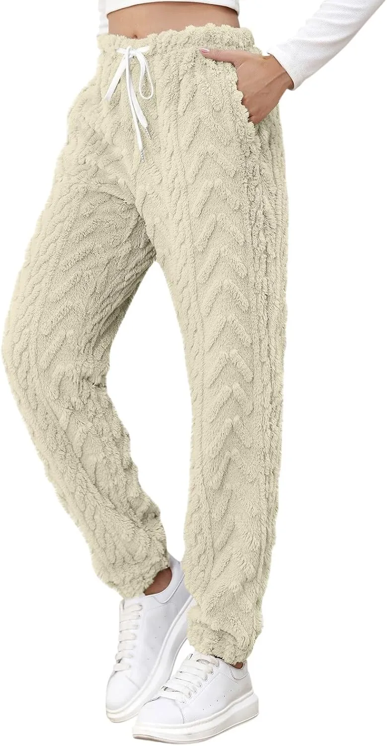 CRNTCEM Womens Coral Fleece Pajamas Pants Straight Lightweight Warm Pjs Sleepwear Cinch Fuzzy Fleece Sherpa Thermal Bottoms