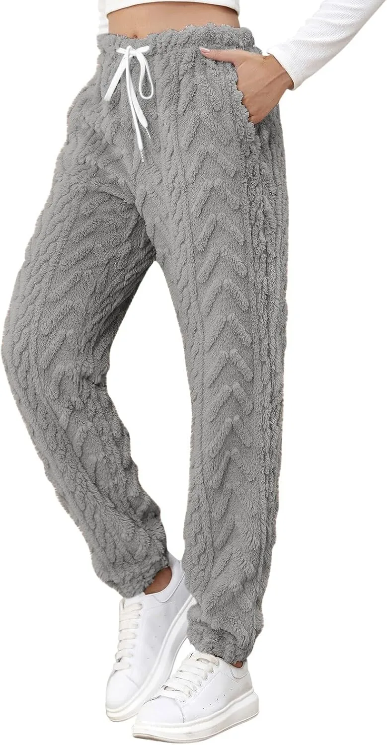 CRNTCEM Womens Coral Fleece Pajamas Pants Straight Lightweight Warm Pjs Sleepwear Cinch Fuzzy Fleece Sherpa Thermal Bottoms