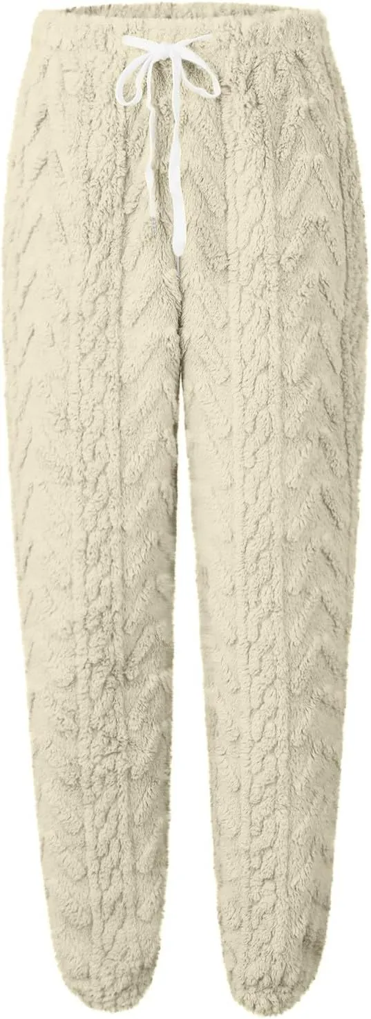 CRNTCEM Womens Coral Fleece Pajamas Pants Straight Lightweight Warm Pjs Sleepwear Cinch Fuzzy Fleece Sherpa Thermal Bottoms