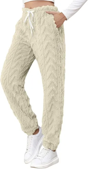 CRNTCEM Womens Coral Fleece Pajamas Pants Straight Lightweight Warm Pjs Sleepwear Cinch Fuzzy Fleece Sherpa Thermal Bottoms