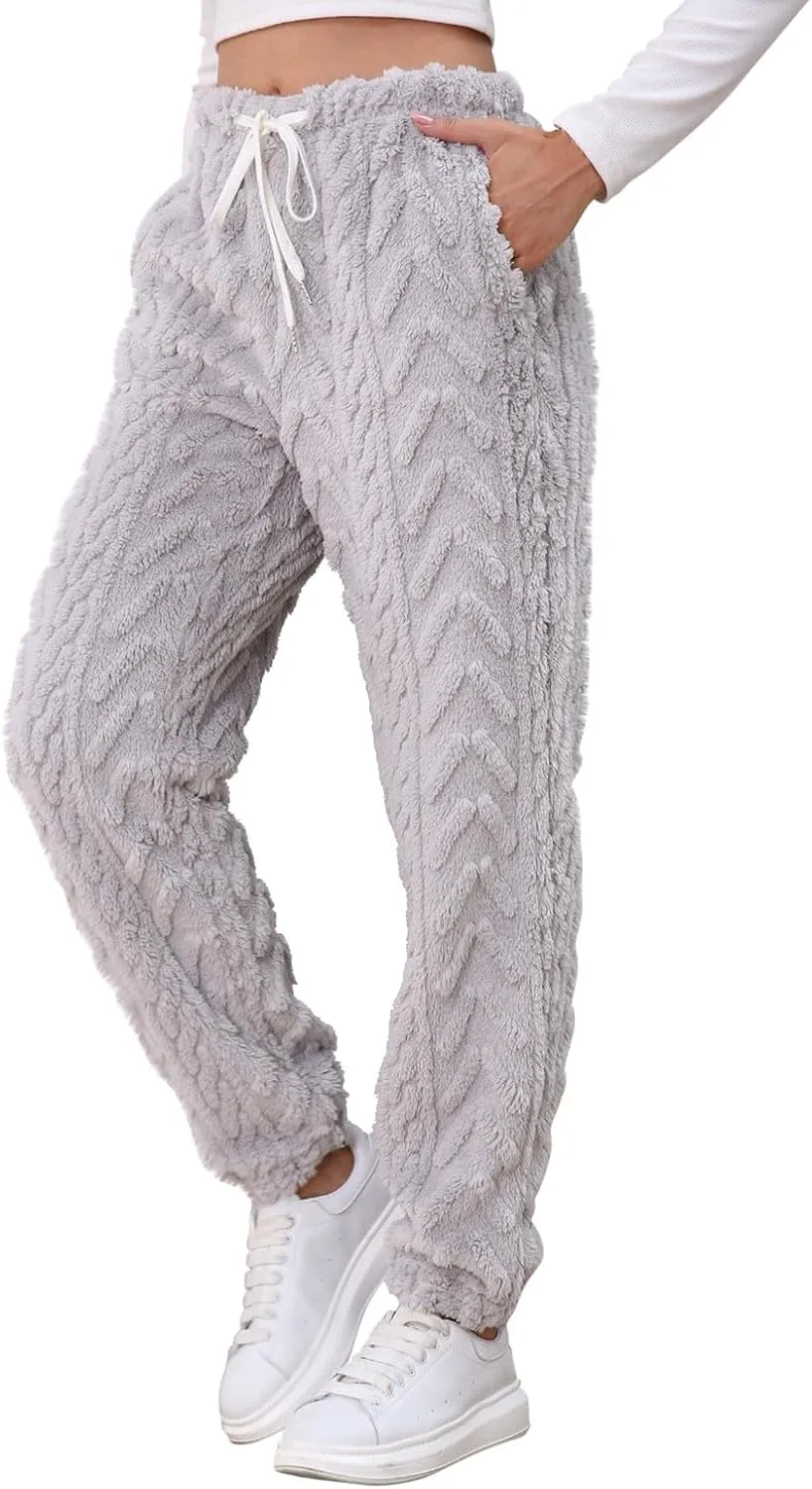 CRNTCEM Womens Coral Fleece Pajamas Pants Straight Lightweight Warm Pjs Sleepwear Cinch Fuzzy Fleece Sherpa Thermal Bottoms