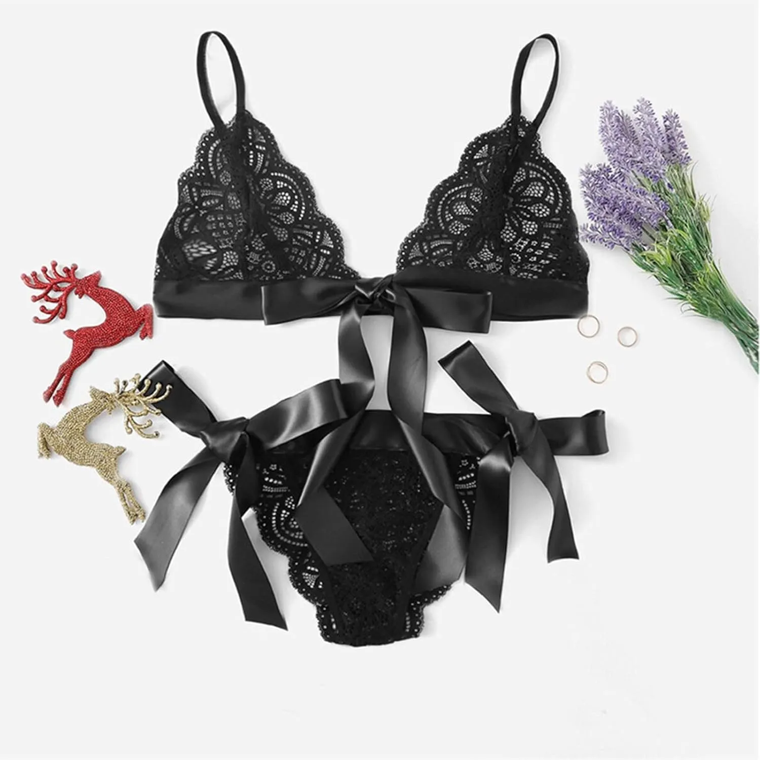 Cute Lingerie 2 Pieces Set Triangle Bralette Lace See Through Babydoll Bow Lingerie for Women Teddy Lingerie