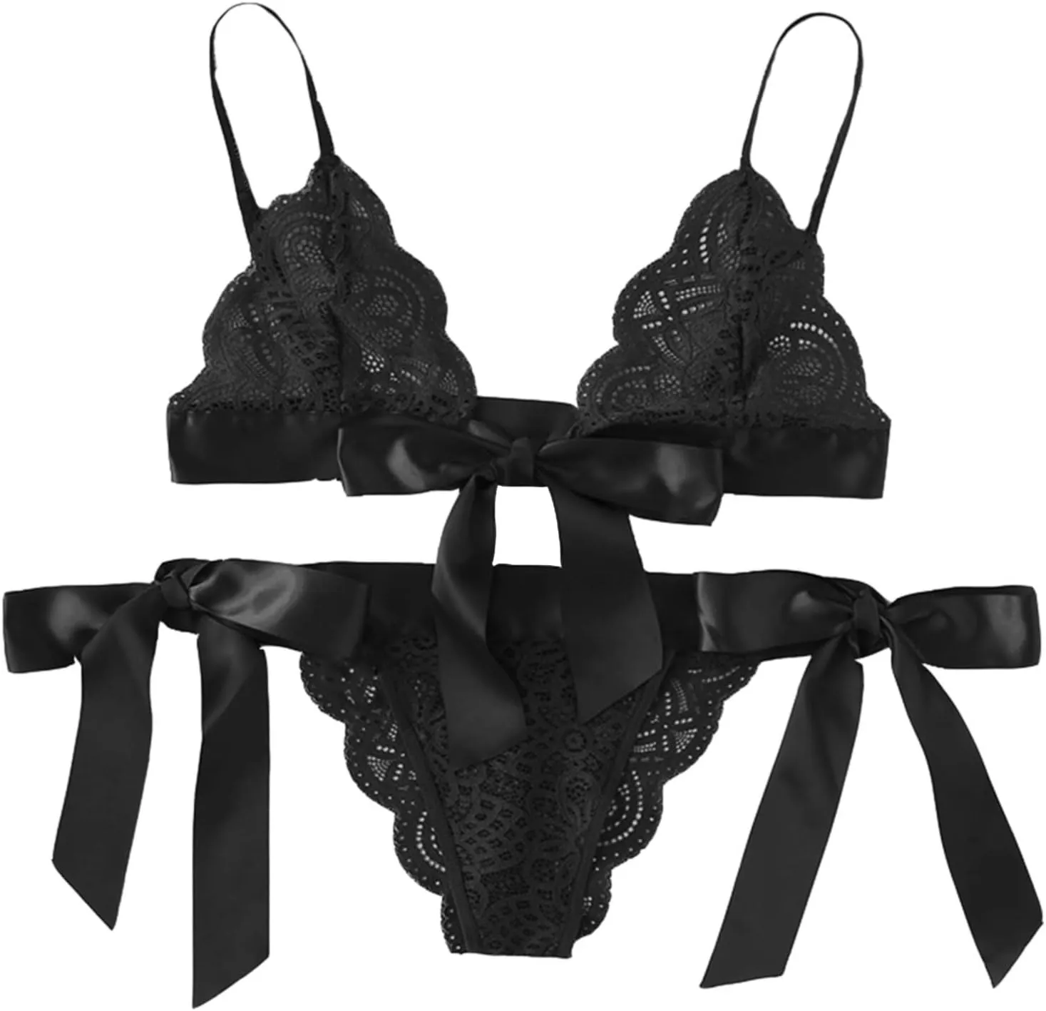 Cute Lingerie 2 Pieces Set Triangle Bralette Lace See Through Babydoll Bow Lingerie for Women Teddy Lingerie