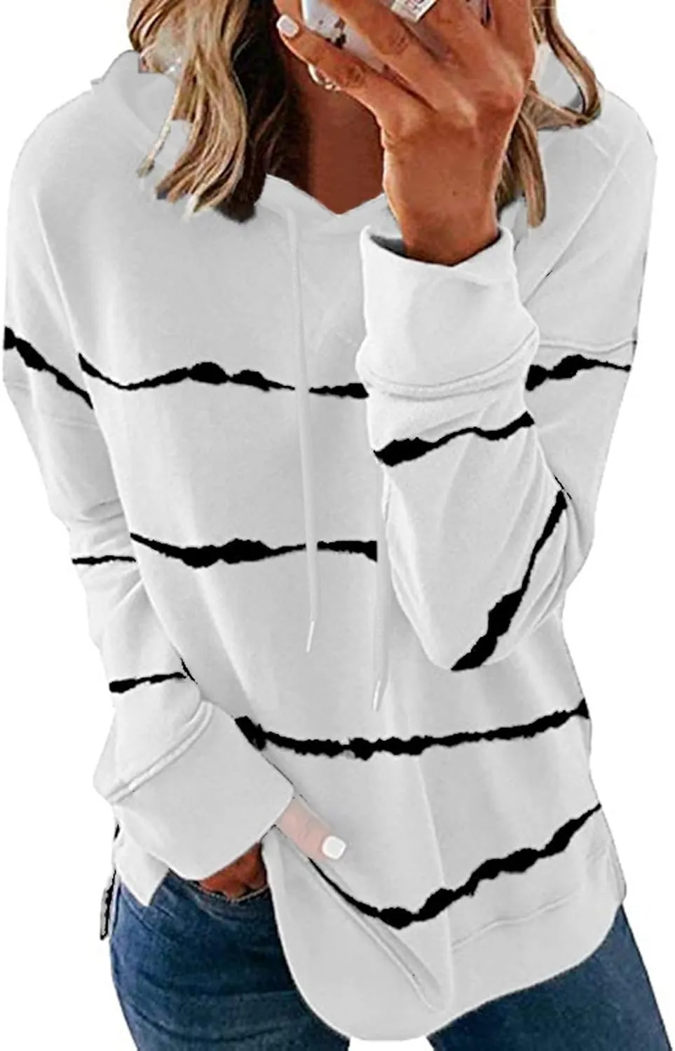 DASAYO Womens Striped Drawstring Oversized Hoodies Long Sleeve Loose Pullover Tops Color Block Preppy Hooded Sweatshirt Ladies