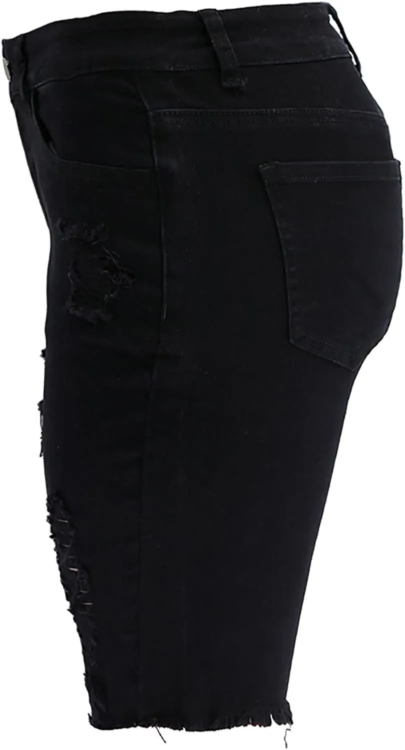 Denim Shorts Women High Waisted Distressed Ripped Loose Fit Knee Length Bermuda Shorts Casual Shorts with Pocket