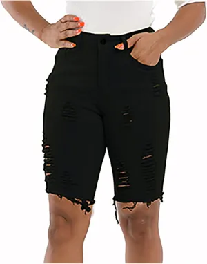 Denim Shorts Women High Waisted Distressed Ripped Loose Fit Knee Length Bermuda Shorts Casual Shorts with Pocket