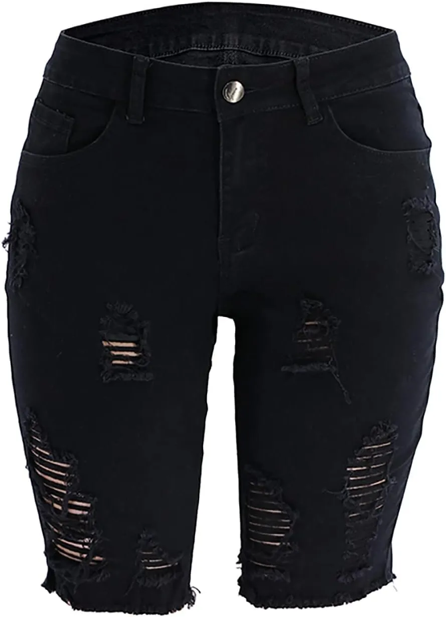 Denim Shorts Women High Waisted Distressed Ripped Loose Fit Knee Length Bermuda Shorts Casual Shorts with Pocket
