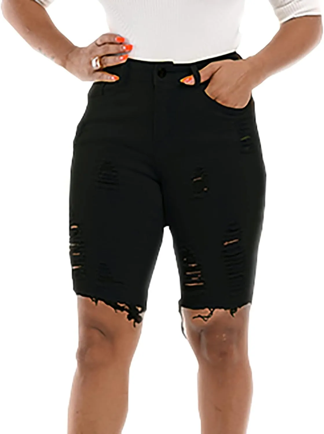 Denim Shorts Women High Waisted Distressed Ripped Loose Fit Knee Length Bermuda Shorts Casual Shorts with Pocket