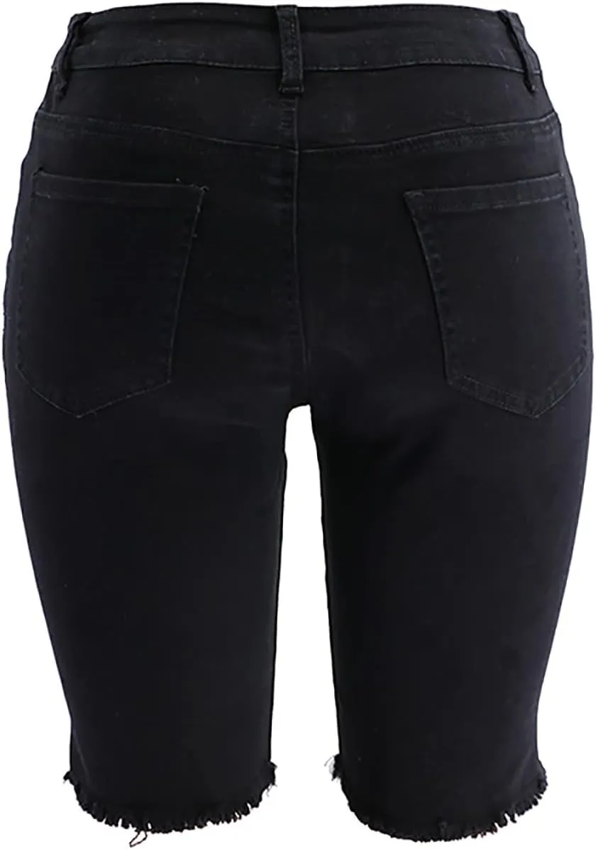 Denim Shorts Women High Waisted Distressed Ripped Loose Fit Knee Length Bermuda Shorts Casual Shorts with Pocket