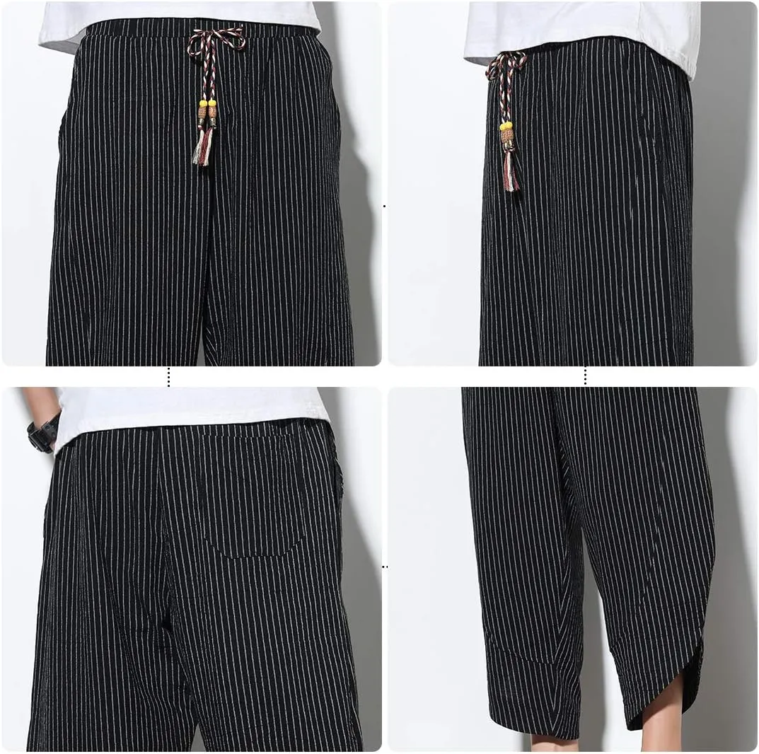 DOSLAVIDA Men's Casual Elastic Waist Linen Capri Pants Wide Leg Baggy Cotton Harem Yoga Trousers Loose Patchwork Shorts