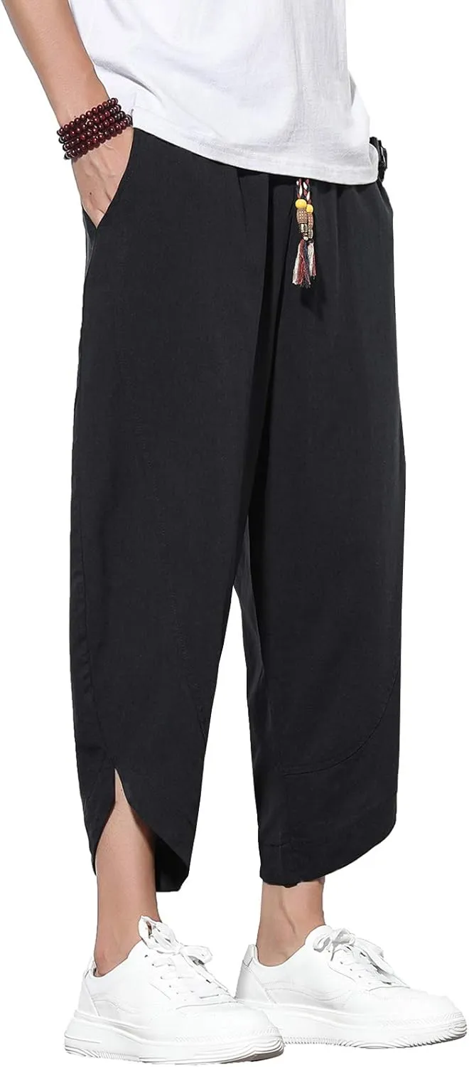 DOSLAVIDA Men's Casual Elastic Waist Linen Capri Pants Wide Leg Baggy Cotton Harem Yoga Trousers Loose Patchwork Shorts