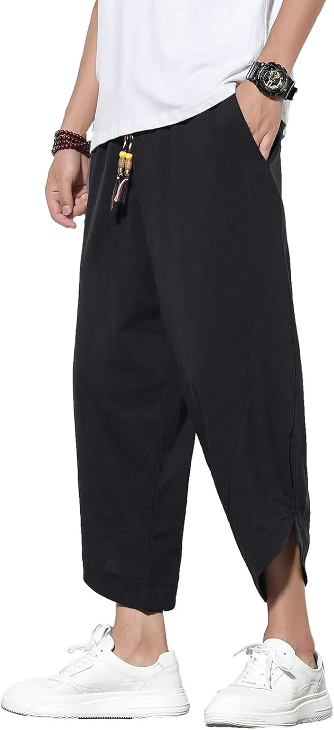 DOSLAVIDA Men's Casual Elastic Waist Linen Capri Pants Wide Leg Baggy Cotton Harem Yoga Trousers Loose Patchwork Shorts