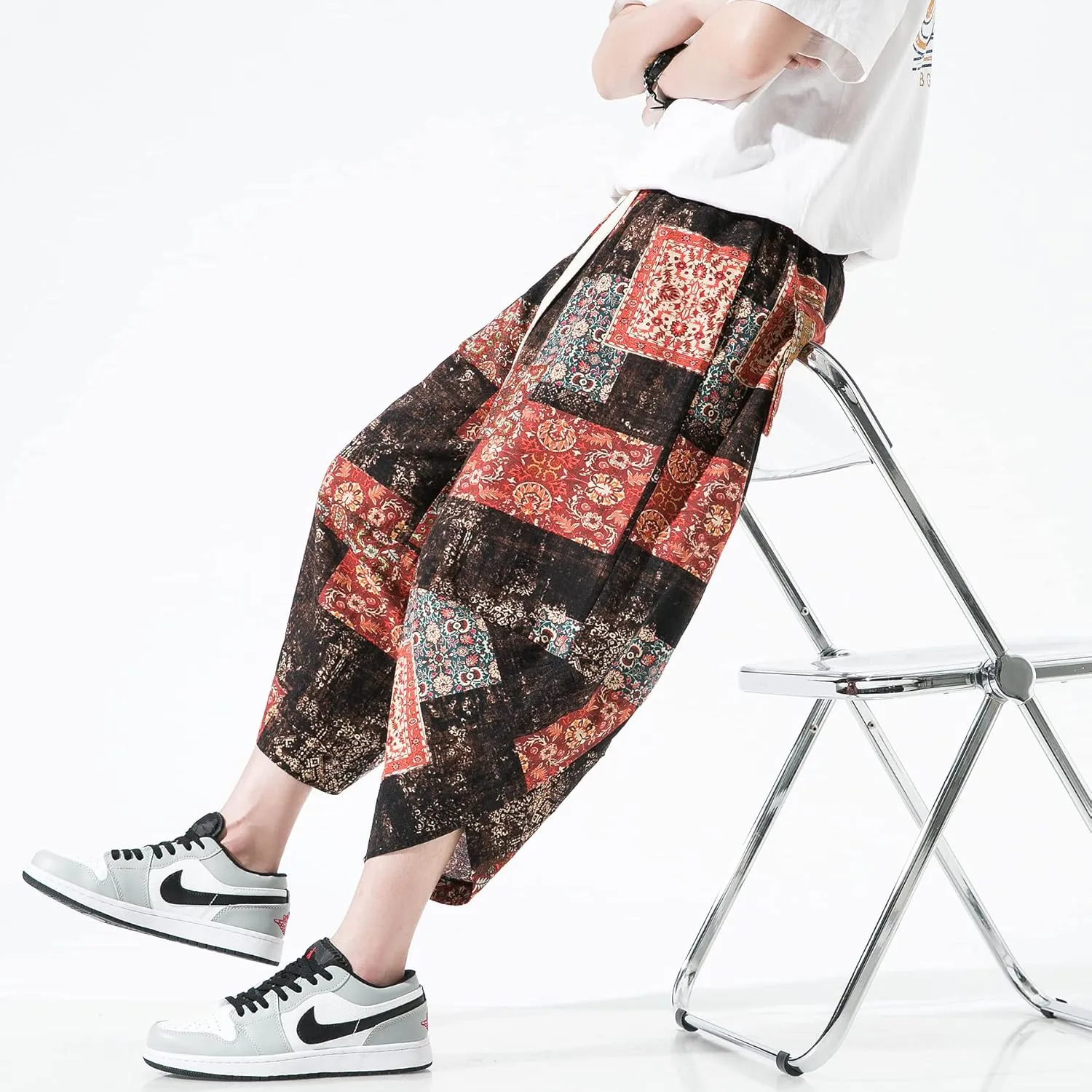 DOSLAVIDA Men's Casual Elastic Waist Linen Capri Pants Wide Leg Baggy Cotton Harem Yoga Trousers Loose Patchwork Shorts