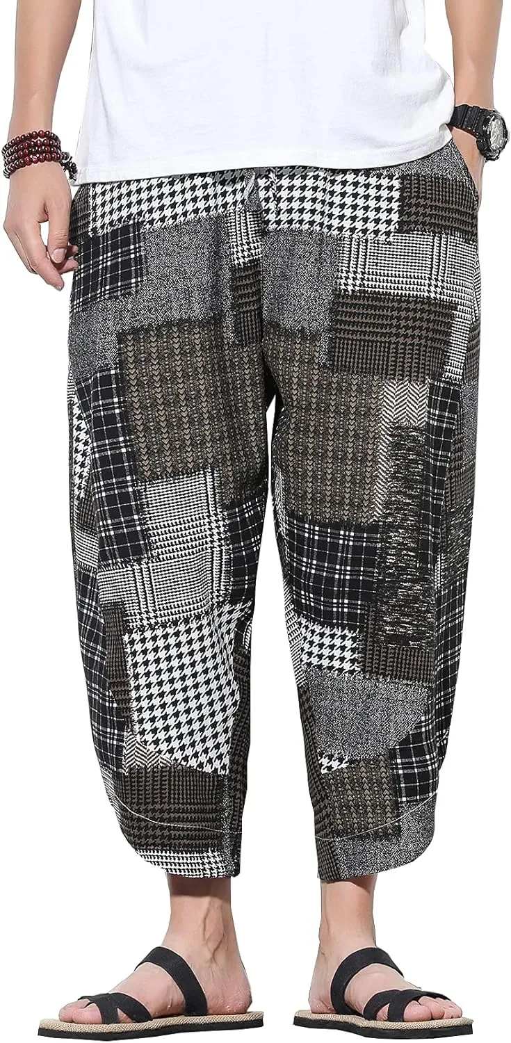 DOSLAVIDA Men's Casual Elastic Waist Linen Capri Pants Wide Leg Baggy Cotton Harem Yoga Trousers Loose Patchwork Shorts