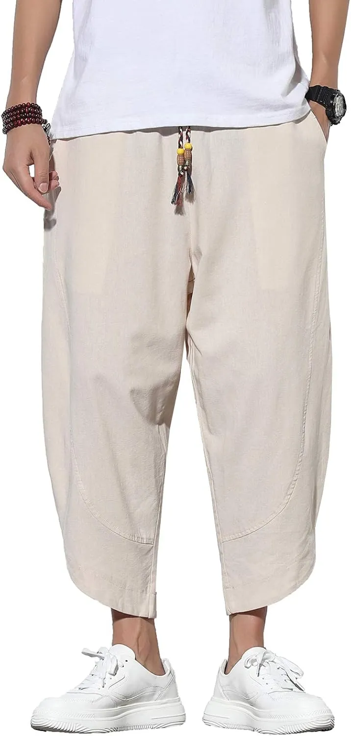 DOSLAVIDA Men's Casual Elastic Waist Linen Capri Pants Wide Leg Baggy Cotton Harem Yoga Trousers Loose Patchwork Shorts
