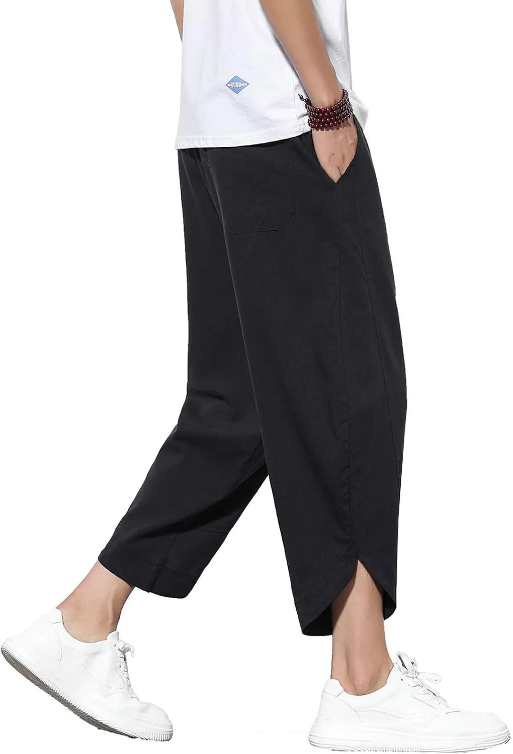 DOSLAVIDA Men's Casual Elastic Waist Linen Capri Pants Wide Leg Baggy Cotton Harem Yoga Trousers Loose Patchwork Shorts