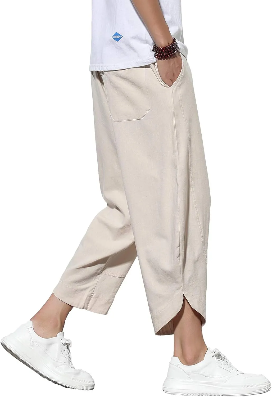 DOSLAVIDA Men's Casual Elastic Waist Linen Capri Pants Wide Leg Baggy Cotton Harem Yoga Trousers Loose Patchwork Shorts