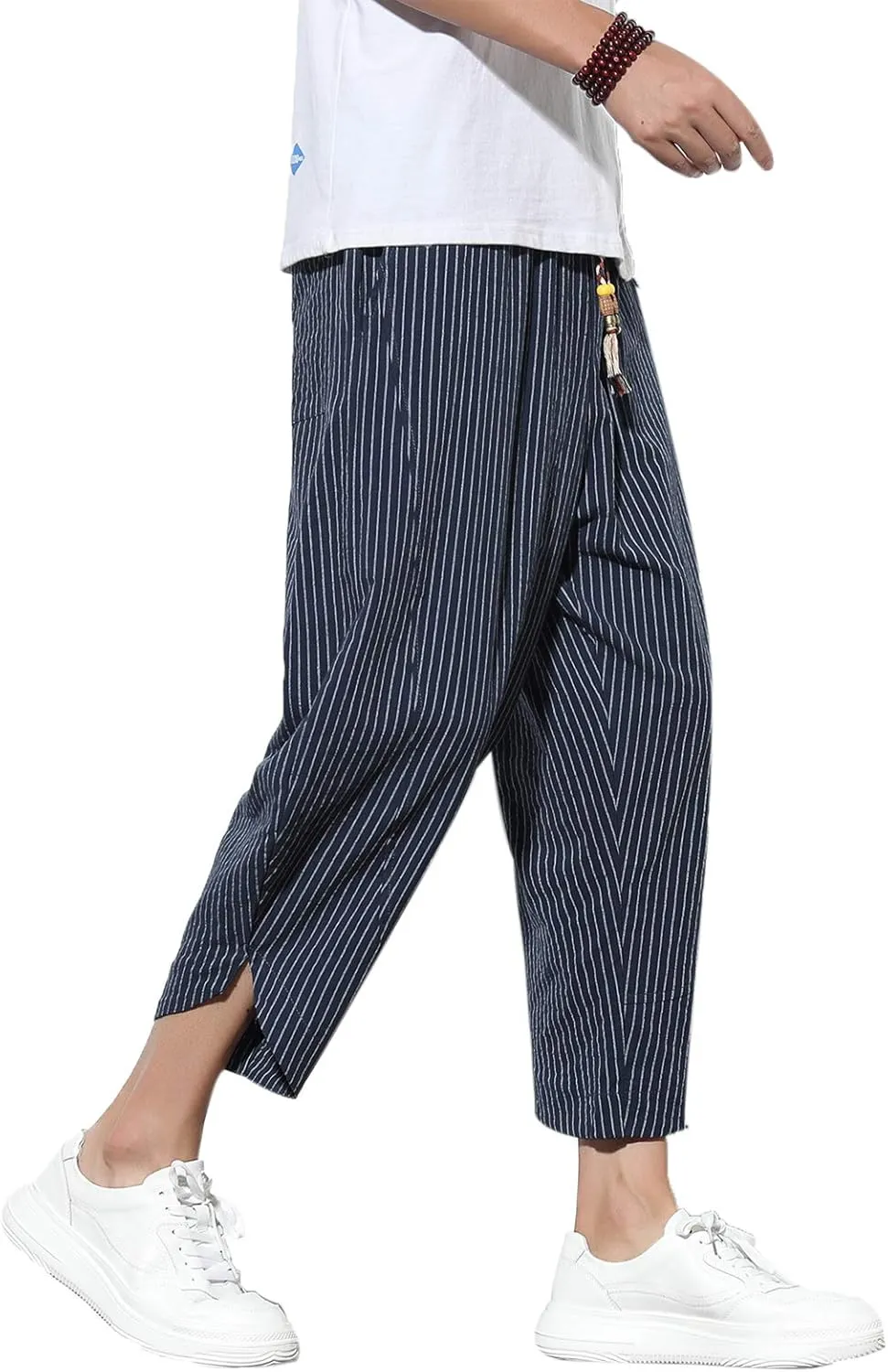 DOSLAVIDA Men's Casual Elastic Waist Linen Capri Pants Wide Leg Baggy Cotton Harem Yoga Trousers Loose Patchwork Shorts