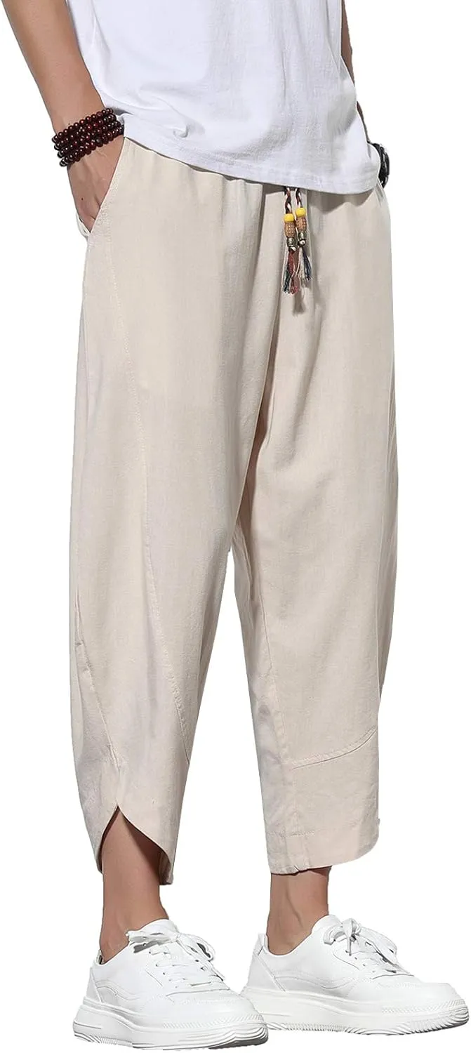 DOSLAVIDA Men's Casual Elastic Waist Linen Capri Pants Wide Leg Baggy Cotton Harem Yoga Trousers Loose Patchwork Shorts