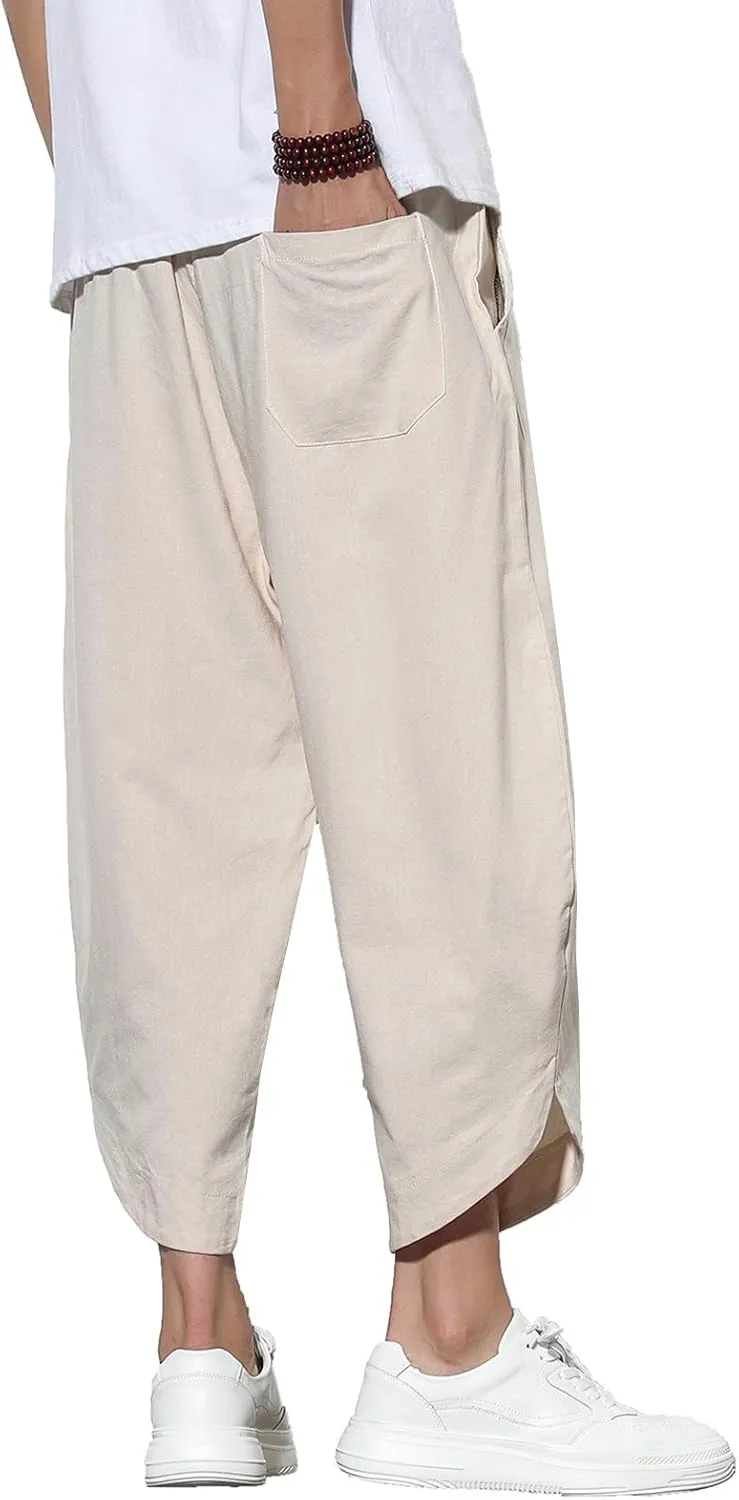 DOSLAVIDA Men's Casual Elastic Waist Linen Capri Pants Wide Leg Baggy Cotton Harem Yoga Trousers Loose Patchwork Shorts
