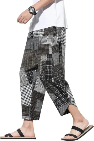 DOSLAVIDA Men's Casual Elastic Waist Linen Capri Pants Wide Leg Baggy Cotton Harem Yoga Trousers Loose Patchwork Shorts
