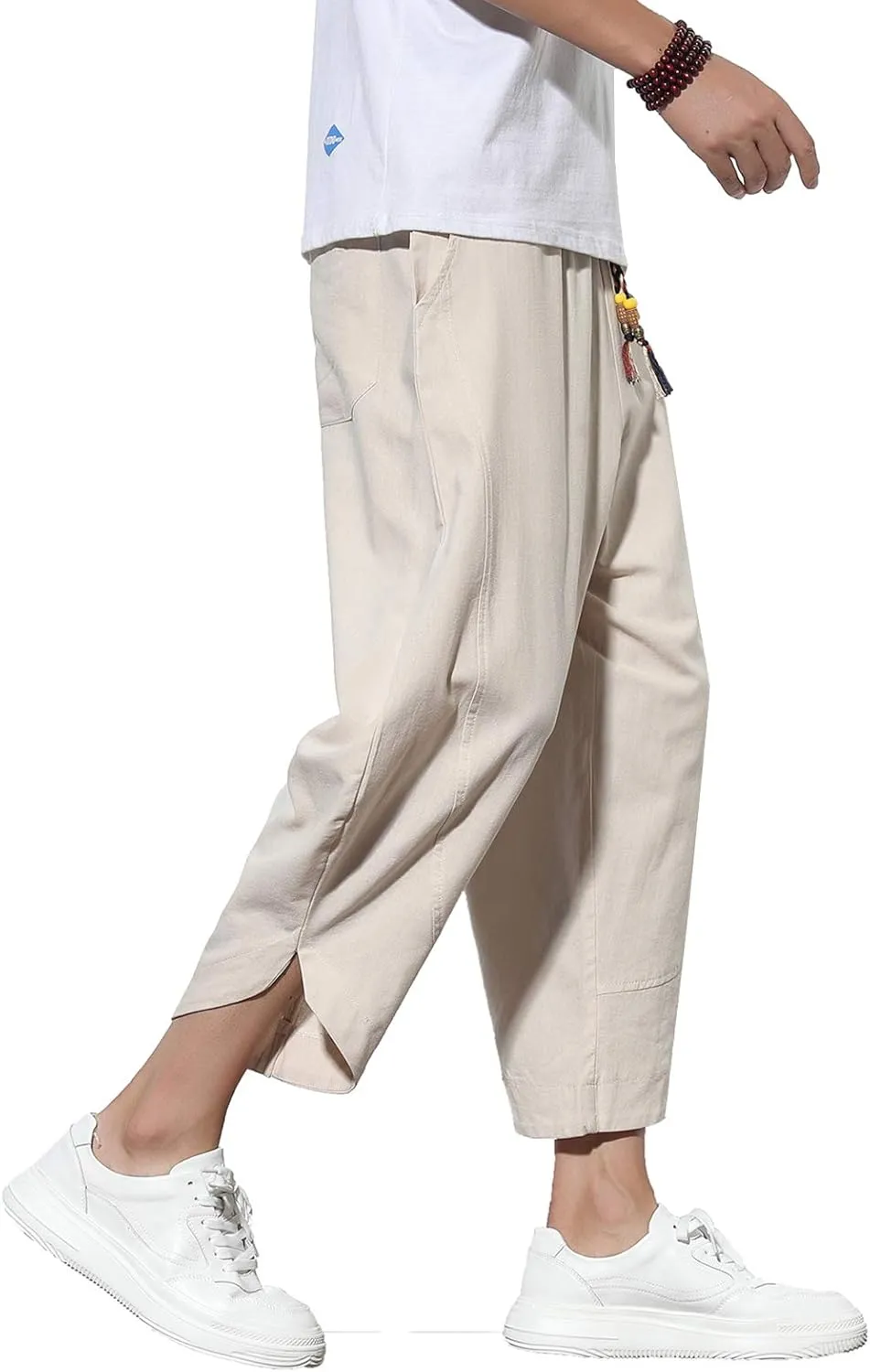 DOSLAVIDA Men's Casual Elastic Waist Linen Capri Pants Wide Leg Baggy Cotton Harem Yoga Trousers Loose Patchwork Shorts