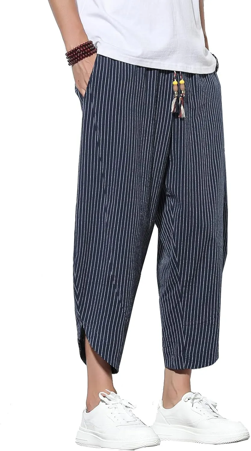 DOSLAVIDA Men's Casual Elastic Waist Linen Capri Pants Wide Leg Baggy Cotton Harem Yoga Trousers Loose Patchwork Shorts