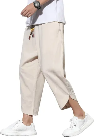 DOSLAVIDA Men's Casual Elastic Waist Linen Capri Pants Wide Leg Baggy Cotton Harem Yoga Trousers Loose Patchwork Shorts