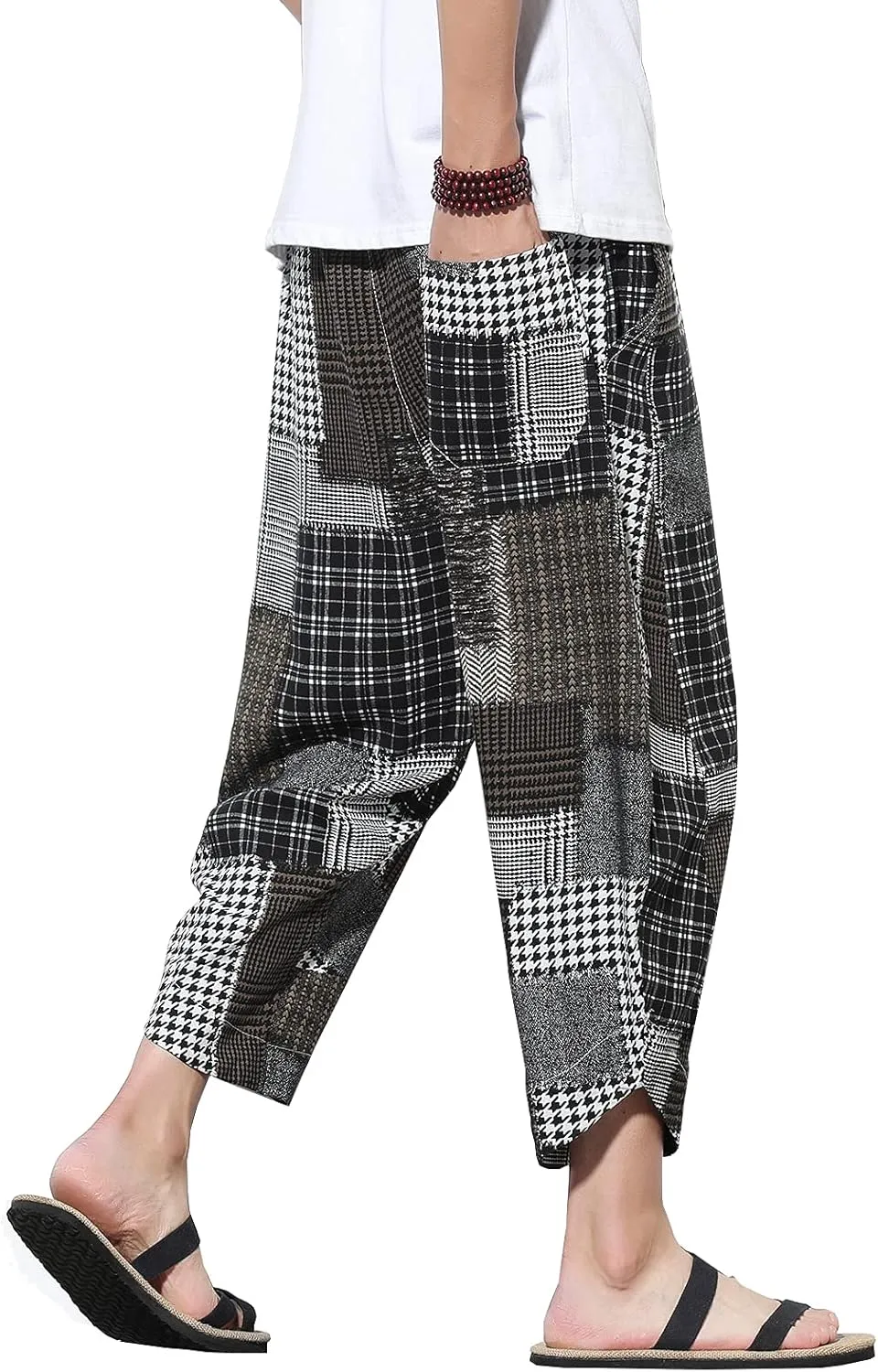 DOSLAVIDA Men's Casual Elastic Waist Linen Capri Pants Wide Leg Baggy Cotton Harem Yoga Trousers Loose Patchwork Shorts