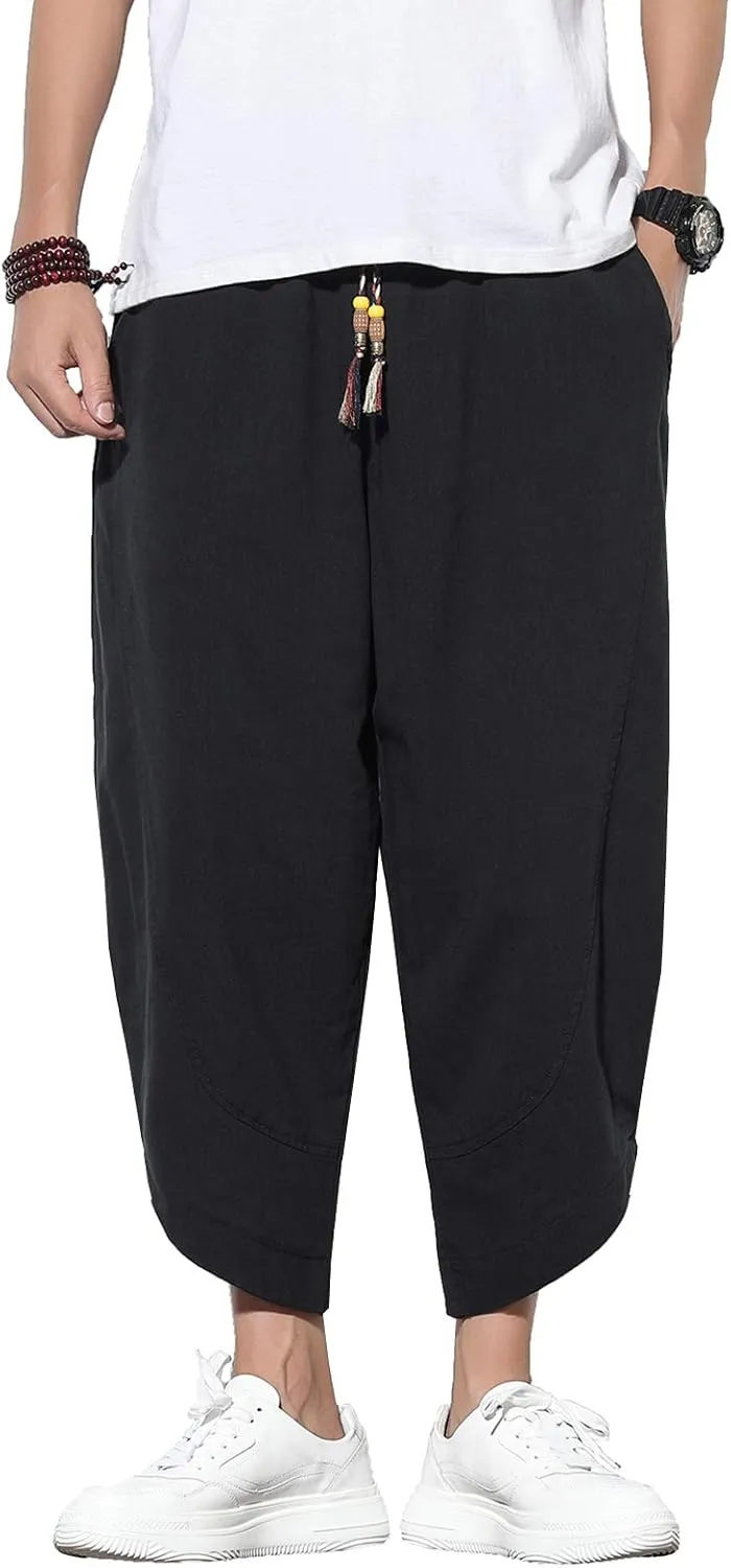 DOSLAVIDA Men's Casual Elastic Waist Linen Capri Pants Wide Leg Baggy Cotton Harem Yoga Trousers Loose Patchwork Shorts