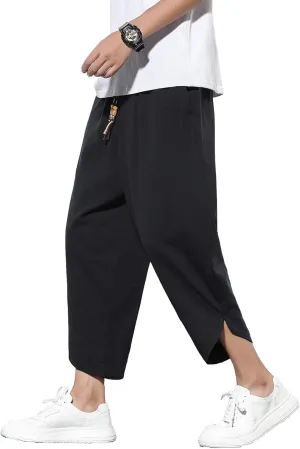 DOSLAVIDA Men's Casual Elastic Waist Linen Capri Pants Wide Leg Baggy Cotton Harem Yoga Trousers Loose Patchwork Shorts