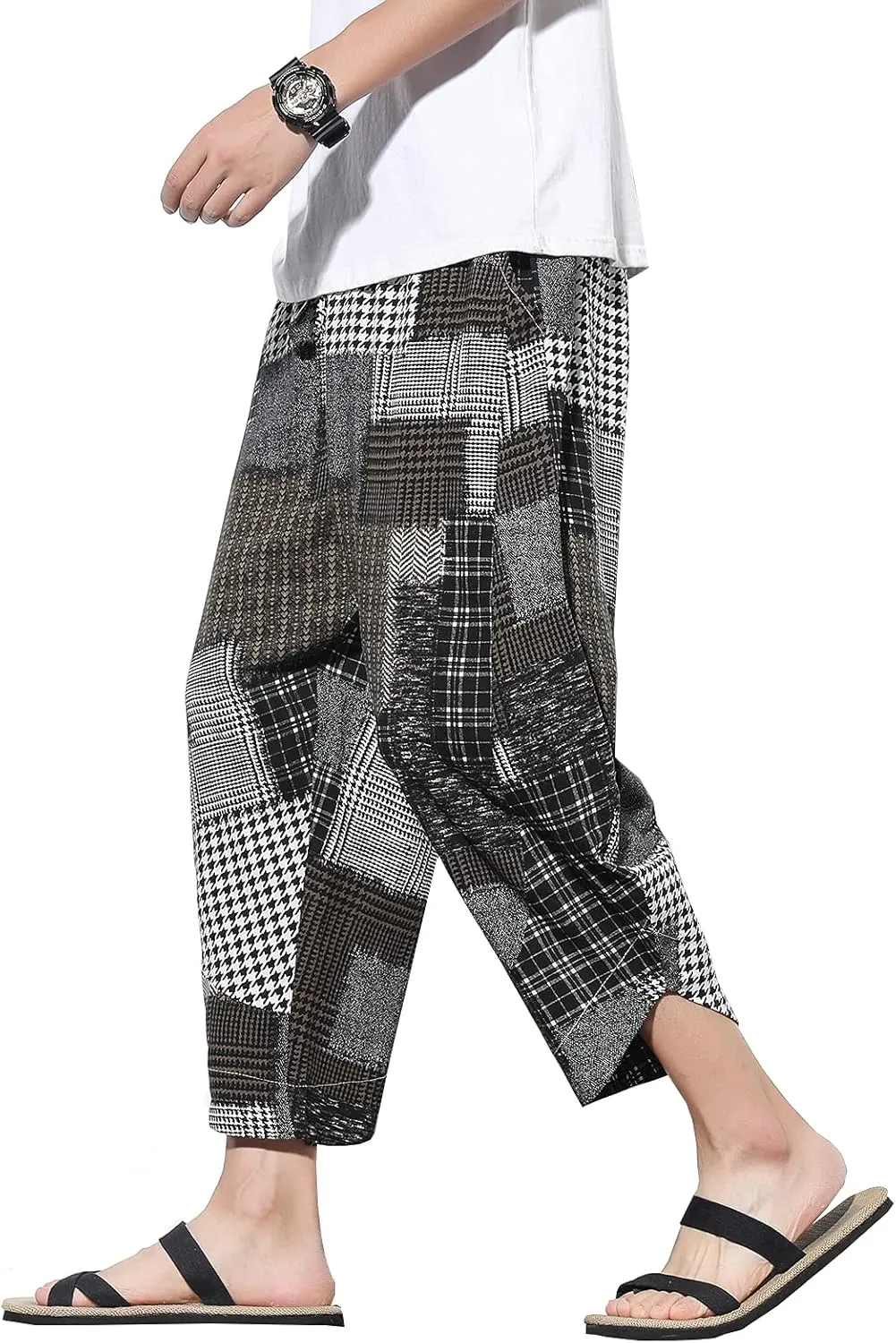 DOSLAVIDA Men's Casual Elastic Waist Linen Capri Pants Wide Leg Baggy Cotton Harem Yoga Trousers Loose Patchwork Shorts