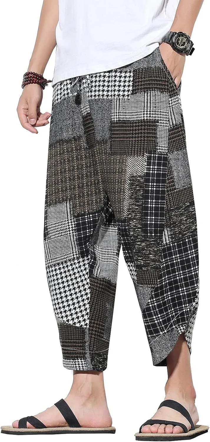 DOSLAVIDA Men's Casual Elastic Waist Linen Capri Pants Wide Leg Baggy Cotton Harem Yoga Trousers Loose Patchwork Shorts