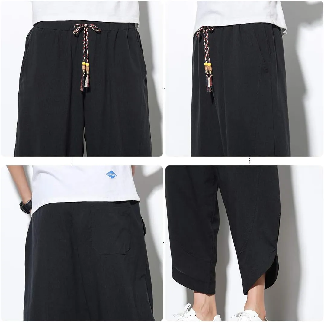 DOSLAVIDA Men's Casual Elastic Waist Linen Capri Pants Wide Leg Baggy Cotton Harem Yoga Trousers Loose Patchwork Shorts