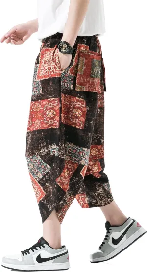 DOSLAVIDA Men's Casual Elastic Waist Linen Capri Pants Wide Leg Baggy Cotton Harem Yoga Trousers Loose Patchwork Shorts
