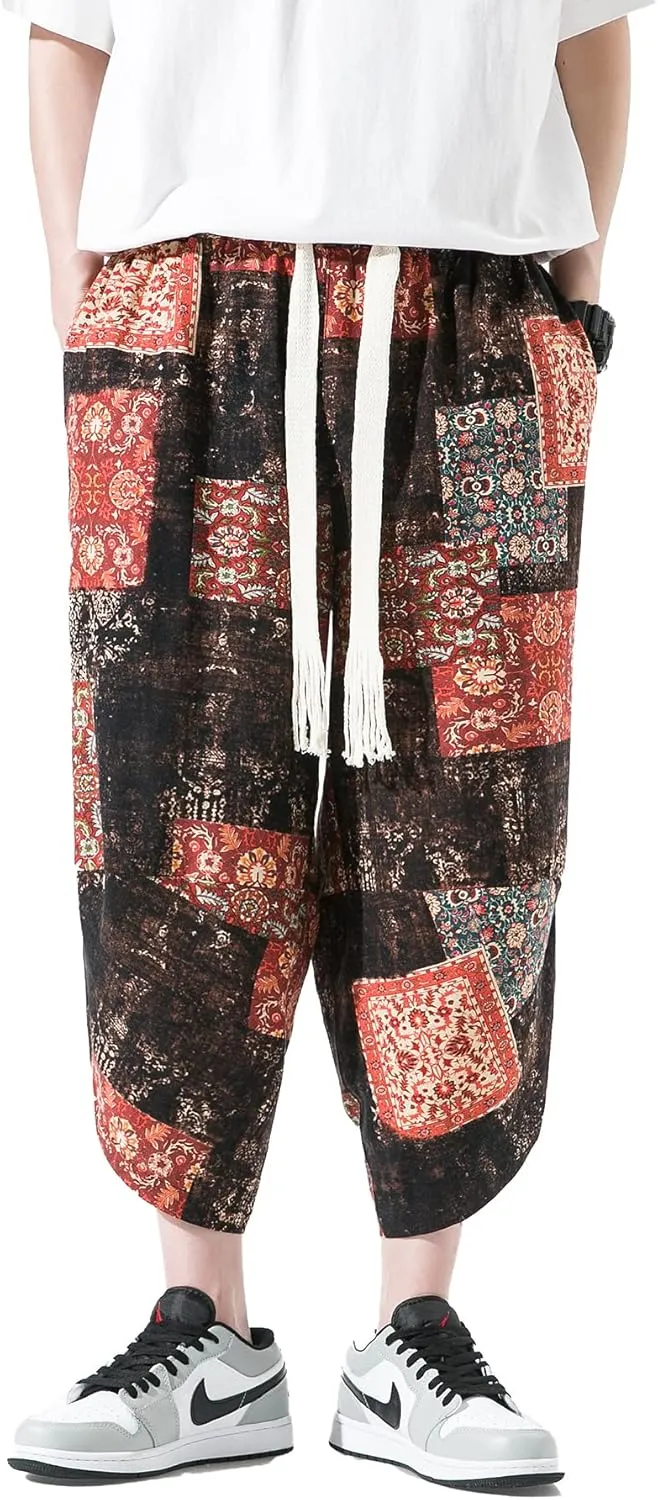 DOSLAVIDA Men's Casual Elastic Waist Linen Capri Pants Wide Leg Baggy Cotton Harem Yoga Trousers Loose Patchwork Shorts