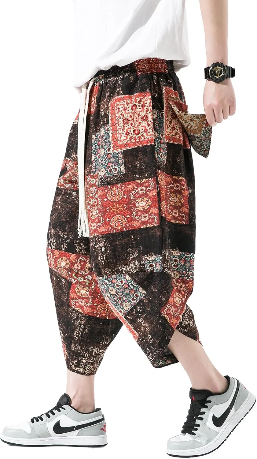 DOSLAVIDA Men's Casual Elastic Waist Linen Capri Pants Wide Leg Baggy Cotton Harem Yoga Trousers Loose Patchwork Shorts