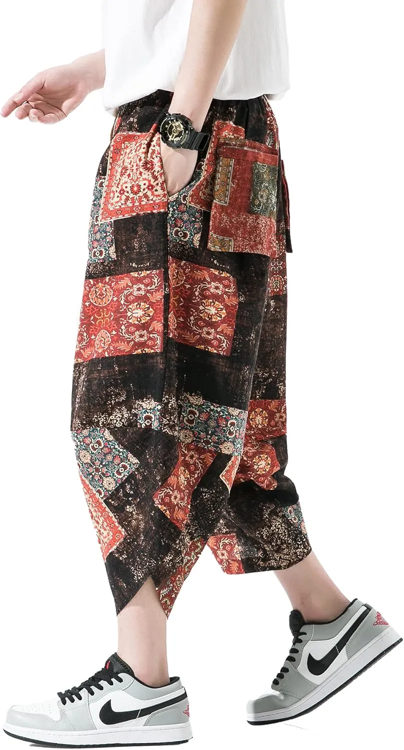 DOSLAVIDA Men's Casual Elastic Waist Linen Capri Pants Wide Leg Baggy Cotton Harem Yoga Trousers Loose Patchwork Shorts